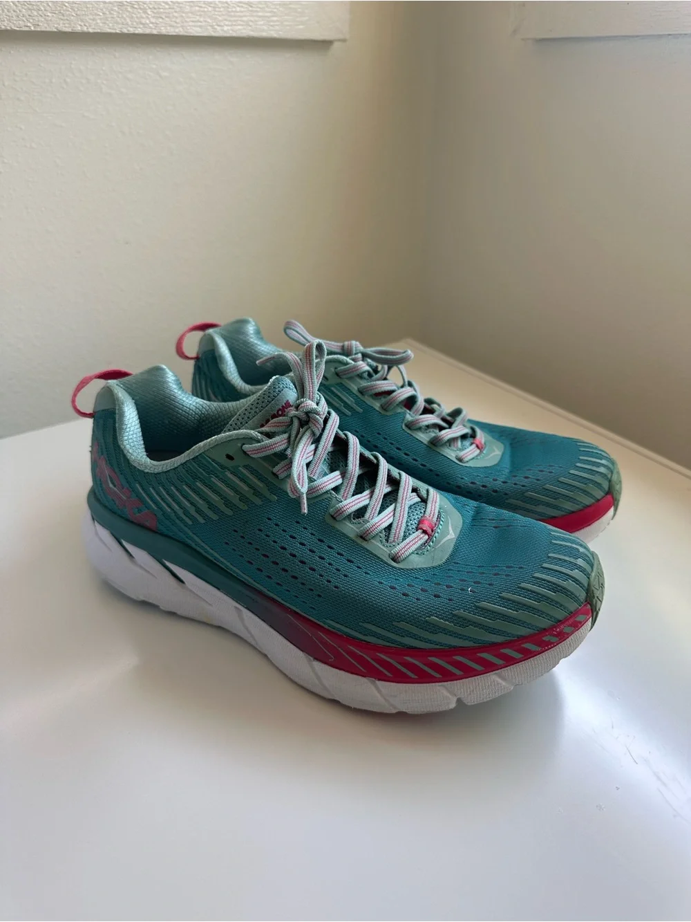 Hoka One One Women’s Teal and Pink Trail/Running Sneakers